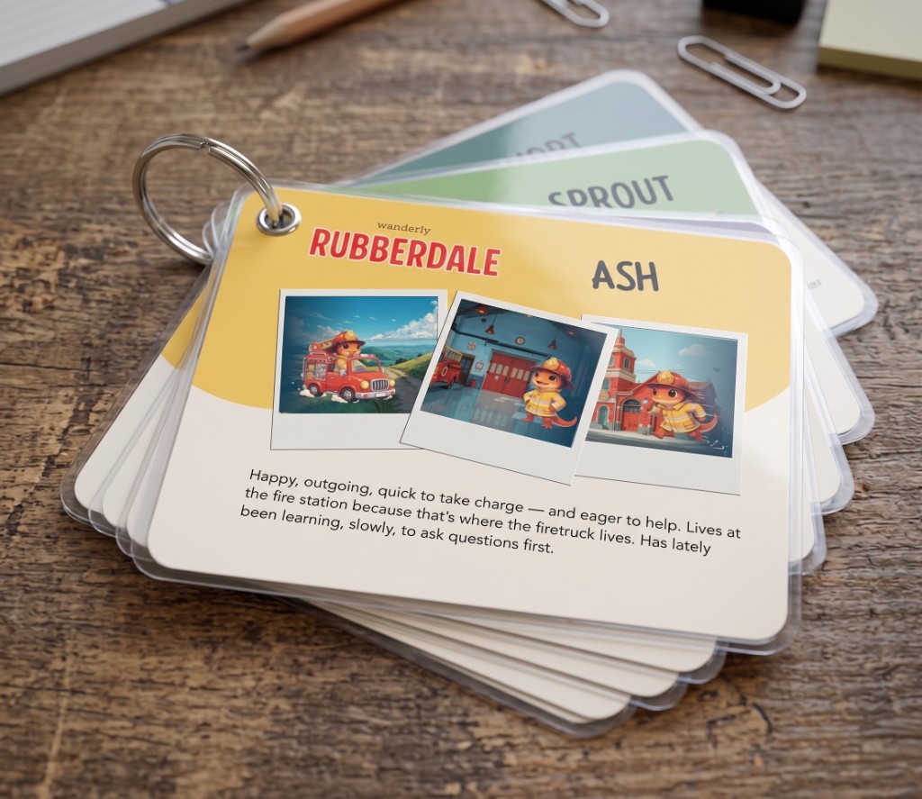 A ring-bound deck of Wanderly character cards fanned out on a wooden desk