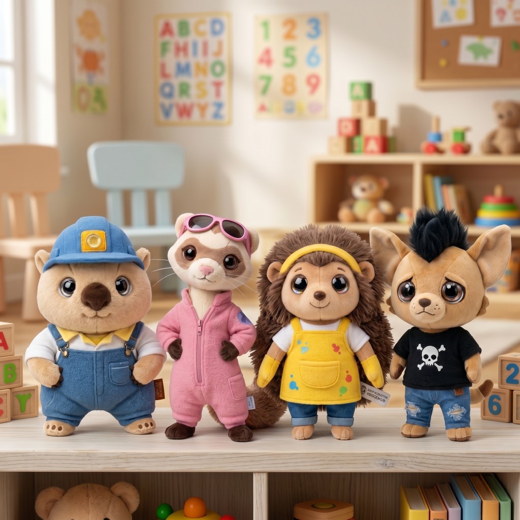 Four Wanderly character plushies lined up on a classroom shelf