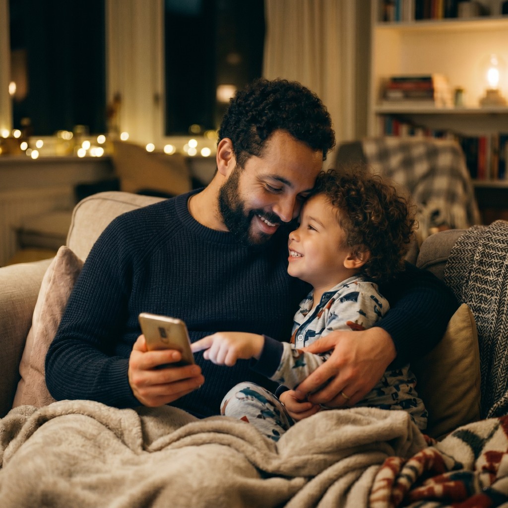 A dad and young child snuggled on the couch reading a Wanderly story together on his phone