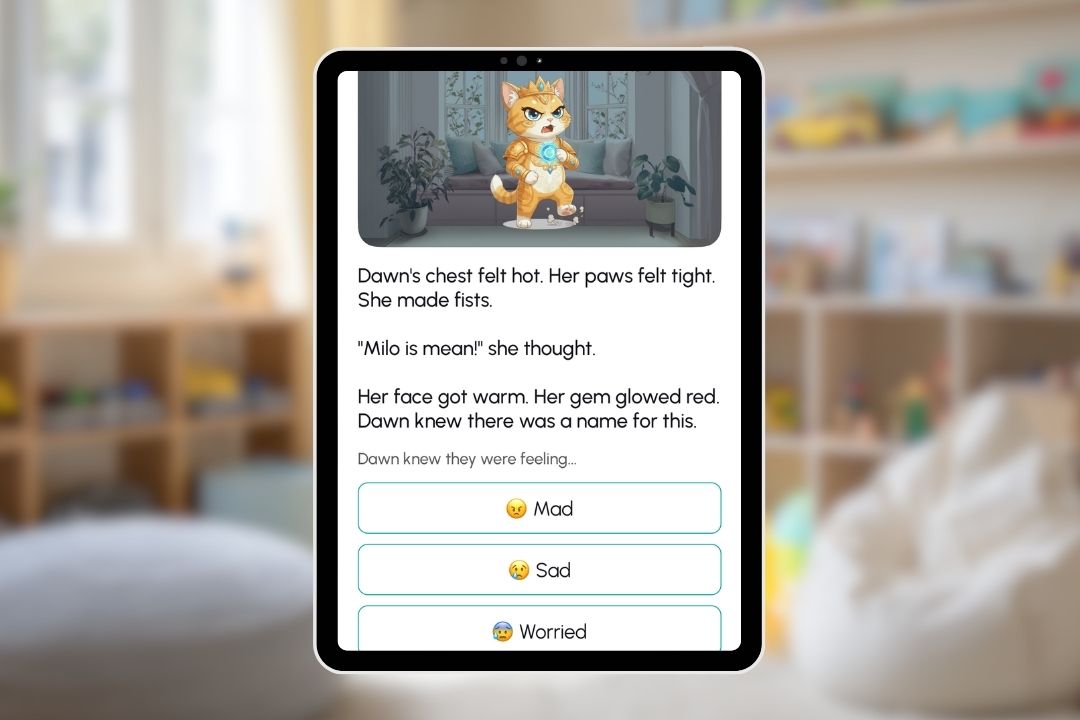 Child identifying feelings in an interactive story