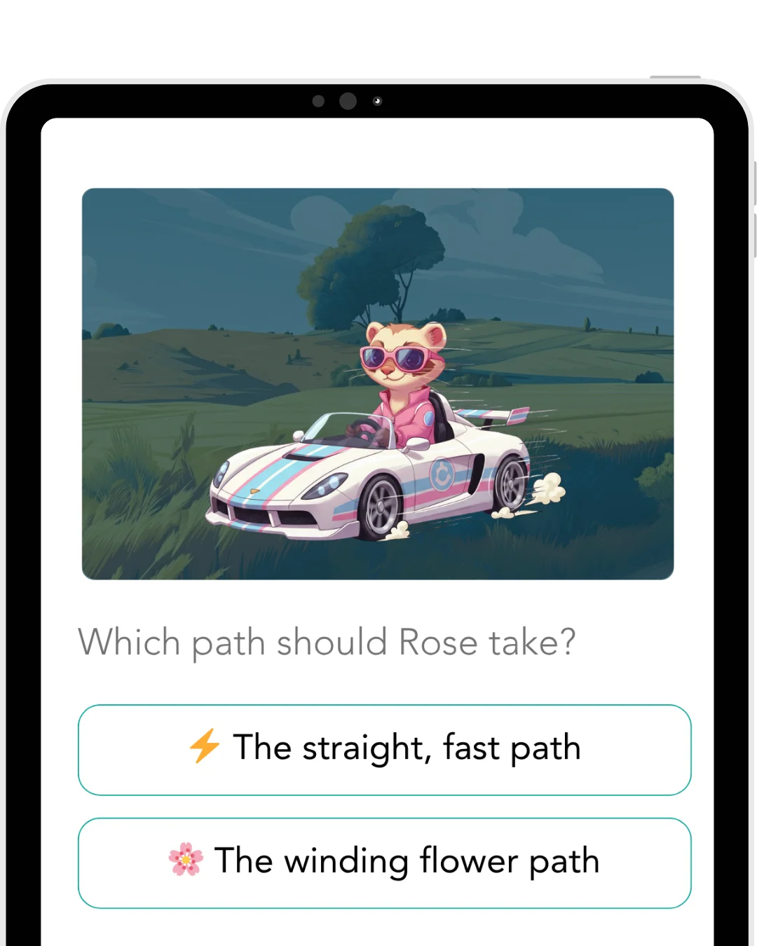Wanderly mobile app interface displaying an interactive story with choice buttons where children select what happens next in their personalized adventure